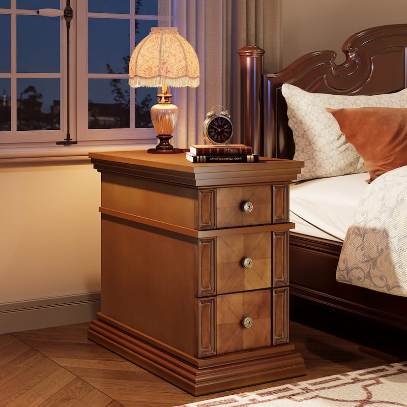 Narrow End Table with 3 Drawers, 19.69''D Vintage Sofa Side Table