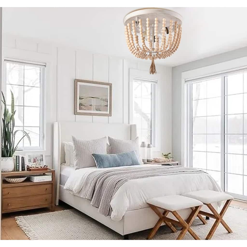 3-Light Wood Bead Chandelier Rustic Flush Mount Ceiling Light Fixture - 10.2x12.6inch (Hx Dia)