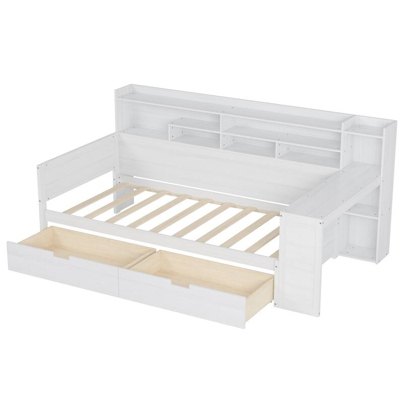 Wooden Twin Size Daybed with Storage Shelves, Two Drawers & Study Desk,Antique White