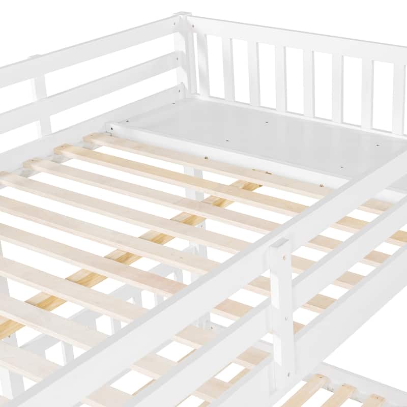 Detachable Triple Bunk Bed Convertible 3 Platform Beds, Wood Full Over Twin & Twin Bunk Bed Frame with Drawers and Guardrails