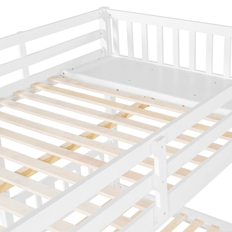 White Wood Triple Bunk Bed with Drawers, Full Over Twin & Twin, Guardrails Included