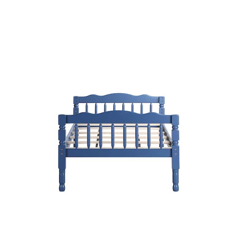 Dark Blue Twin over Twin Size Solid Wood Bunk Bed with Ladder and Fence for Kids, Bedroom