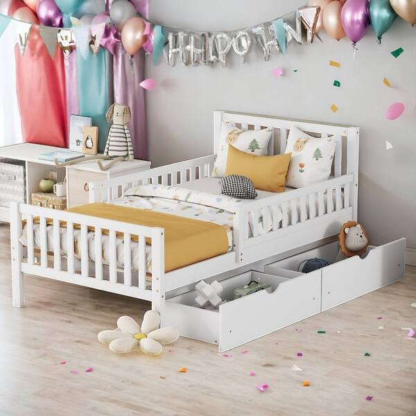 slide 2 of 18, Twin Size Kids Platform Bed with 2-Storage Drawers, Wood Children Bed Frame with Guardrails on Both Sides for Bedroom, White White