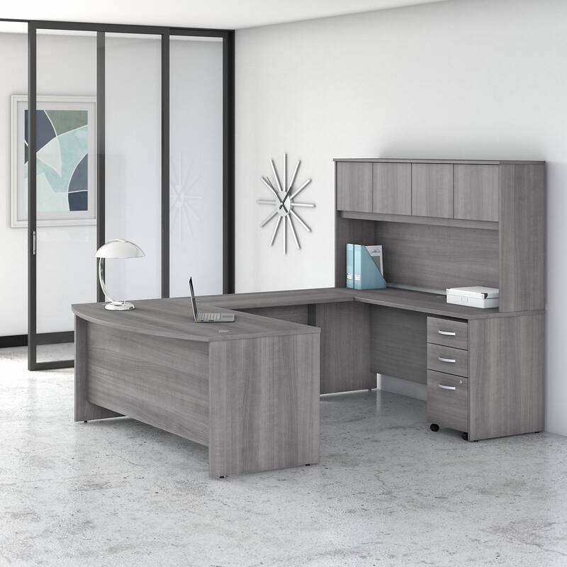 Studio C 72W U Desk with Hutch and Drawers by Bush Business Furniture - Platinum Gray