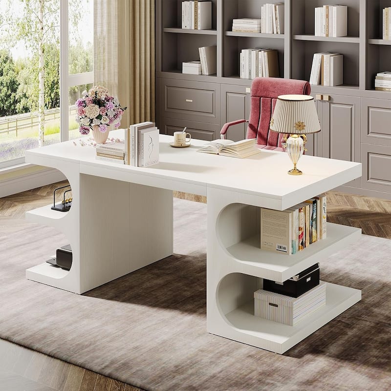 62 Inches Computer Executive Desk, Large Office Desk with Shelves Writing Desk - White