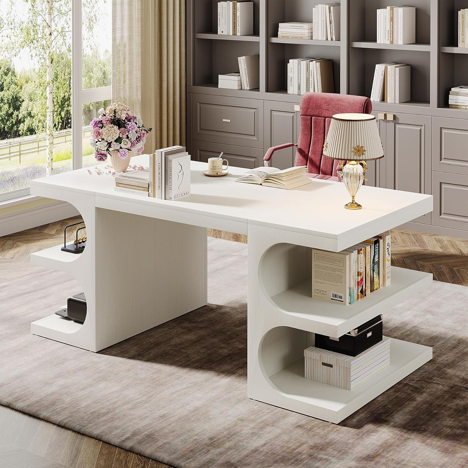 62 Inches Computer Executive Desk, Large Office Desk with Shelves Writing Desk