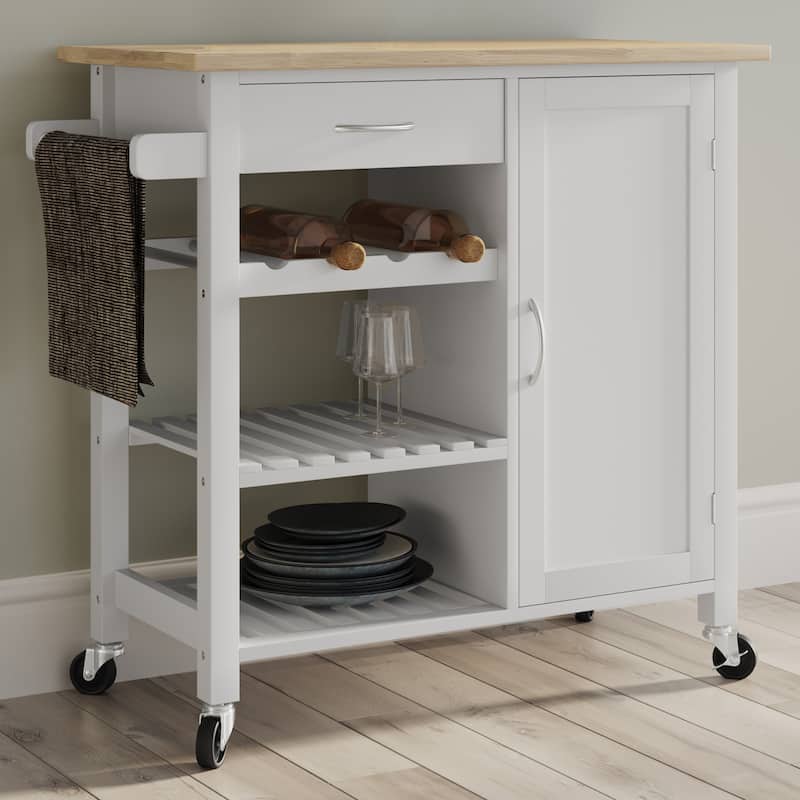 Rolling Kitchen Cart with Towel Rack and Shelves for Storage, White - White