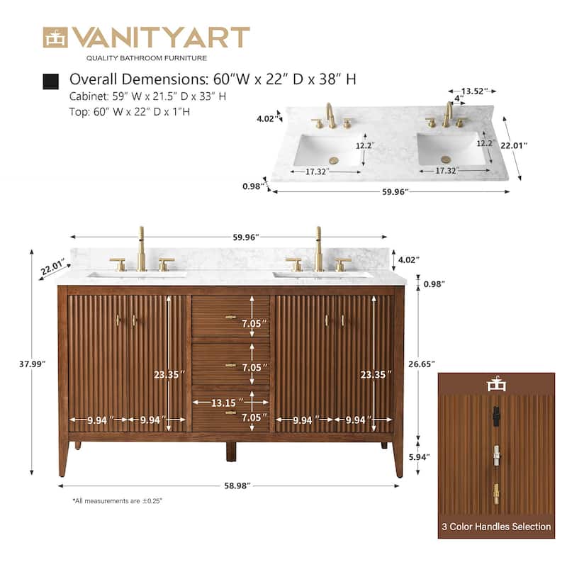 Vanity Art 60" Double Sink Bathroom Vanity Cabinet with Engineered Marble Top
