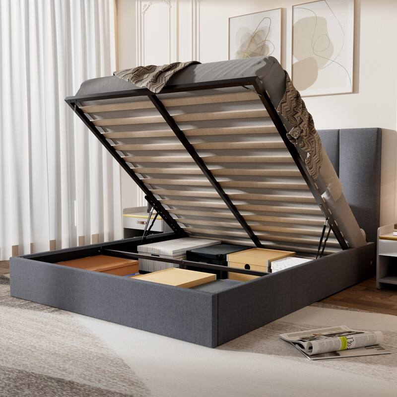 Modern Upholstered Lift-Up Storage Platform Bed with Headboard