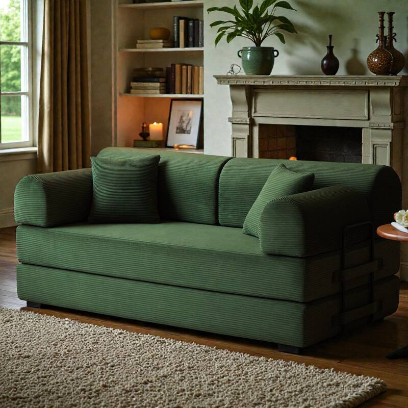 Convertible Sleeper Sofa Bed, 4-in-1 Corduroy Folding Floor Couch with Cylindrical Pillow, 2-Seat Space-Saving Lounge Sofa