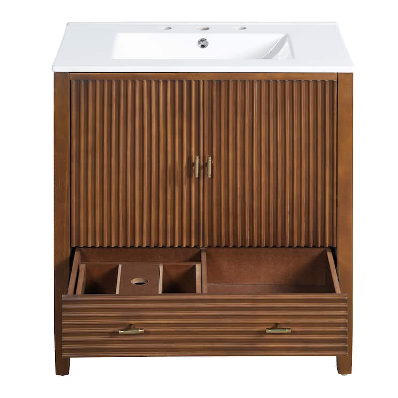 Christopher Knight Home - Mid-Century Freestanding Bathroom Vanity with Ceramic Sink, Flip-Up & Dual Drawers