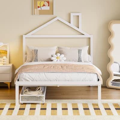 Full Size Metal Platform Bed,House-Shaped Headboard Design,two drawers,White