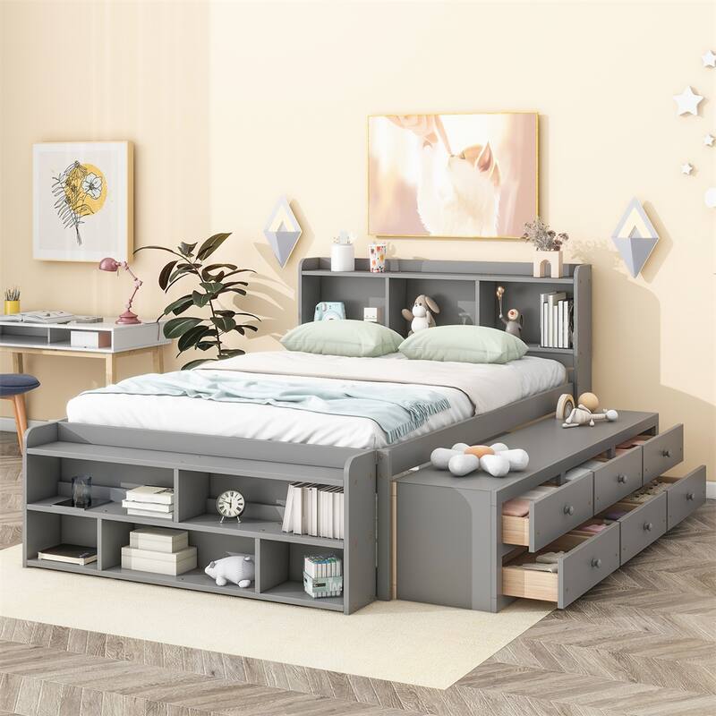 Full Bed with Bookcase Headboard, Under bed Storage Drawers - Grey