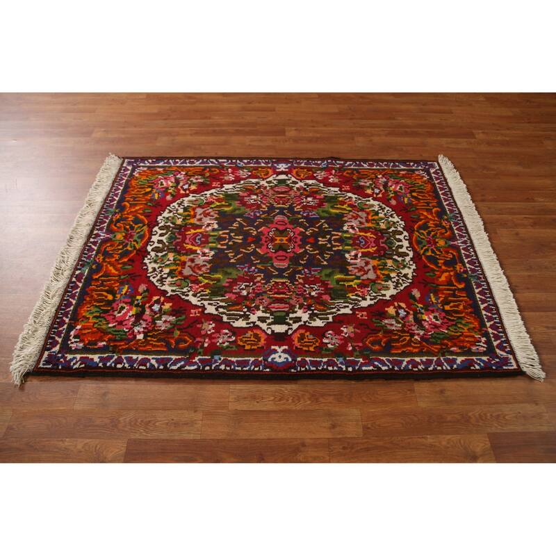 Hand Knotted Oriental 100% Wool Carpet Traditional Floral Navy Blue & Blues Bakhtiari Area Rug - 4' 11'' X 3' 8''