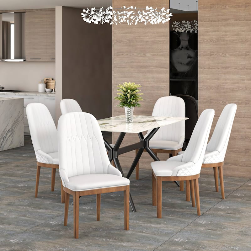 Leather Dining Chair with Rubberwood Legs Set of 4 Side Charis Sleek Diamond Stitching Back