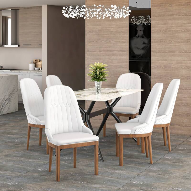 Leather Dining Chair with Rubberwood Legs Set of 2 Side Charis Sleek Diamond Stitching Back