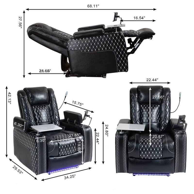 Black Power Zero Gravity Recliner with Storage Armrest, Cup Holder, Laptop Table, Phone Holder, Reading Light, USB Port