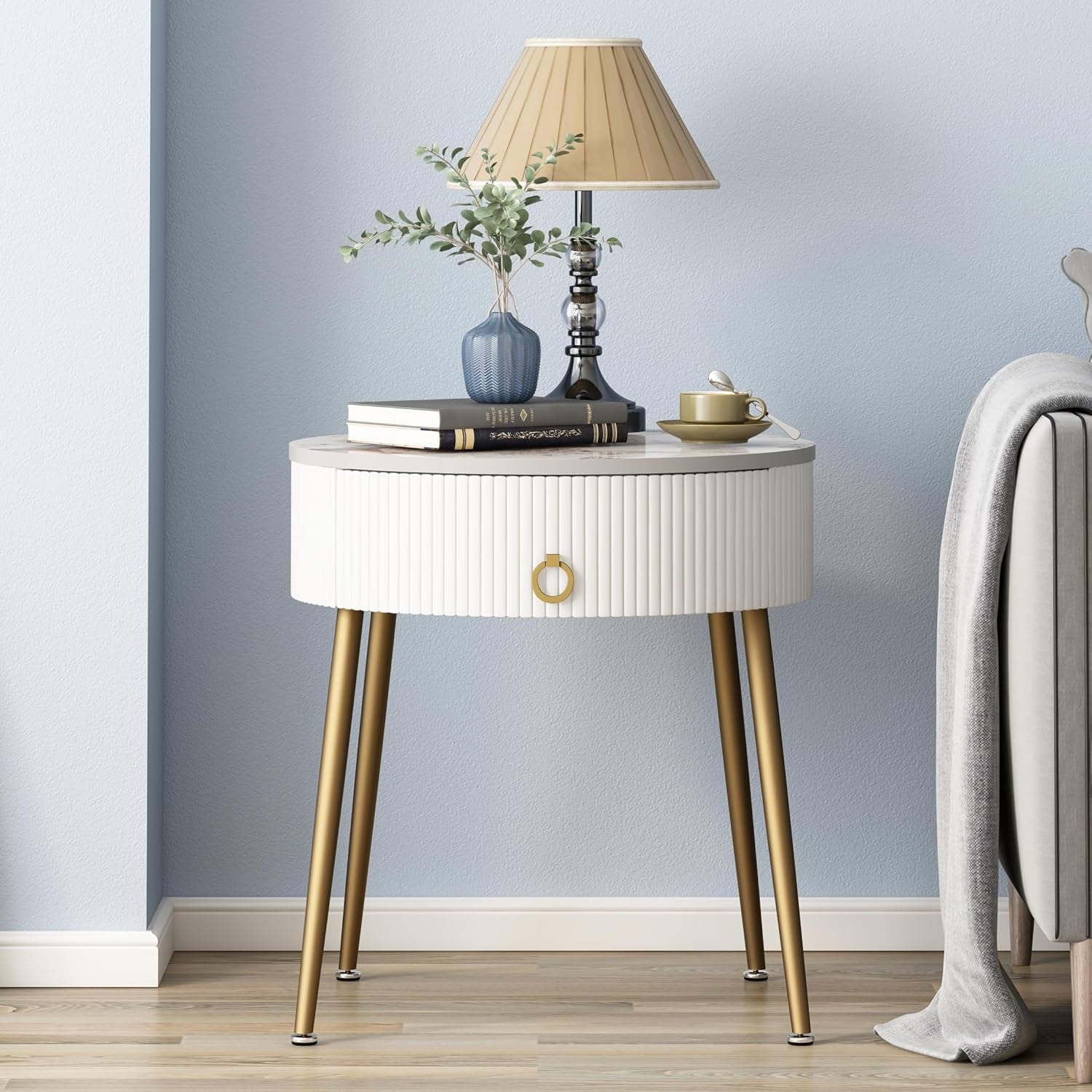 Modern Round Nightstand with Drawer, Marbling Stone Top, Metal Legs, Storage for Living Room and Bedroom
