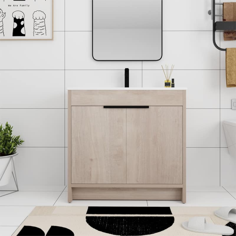 Bathroom Vanity With Sink In 24/30/36 Inch, Freestanding Bathroom Vanity With Soft Close Door and Adjustable Shelf - Plain Light Oak - 35.9"W x 18.3"D x 34.3"H