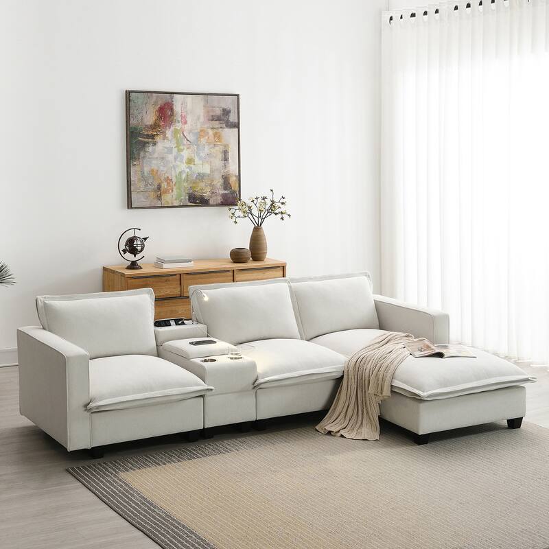 Cloud Sectional Sofa wConsole, USB, Reading Light, Cup Holder, Ottoman - Beige