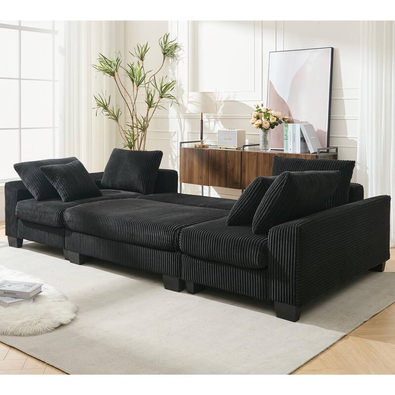 U Shaped Sofa Convertible Pull Out Sleeper Sofa Bed, 2 in 1 Recliner Sectional Couch, Corduroy Upholstery Daybed with Pillow