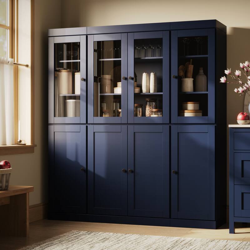 Palace Imports 100% Solid Wood 65" Pantry Cabinet with Clear Glass, Shaker Doors and Adjustable Shelves - Navy