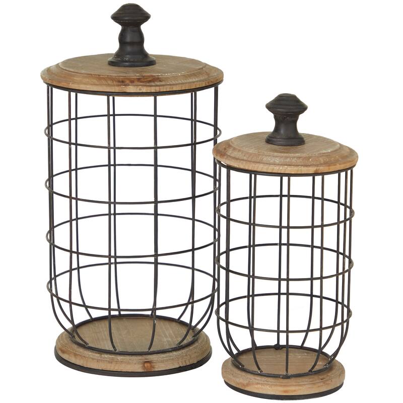 Metal Kitchen Caged Style Decorative Jars with Wood Lids - Set of 2 Black - Roche River Decor - 8"W x 8"L x 16"H