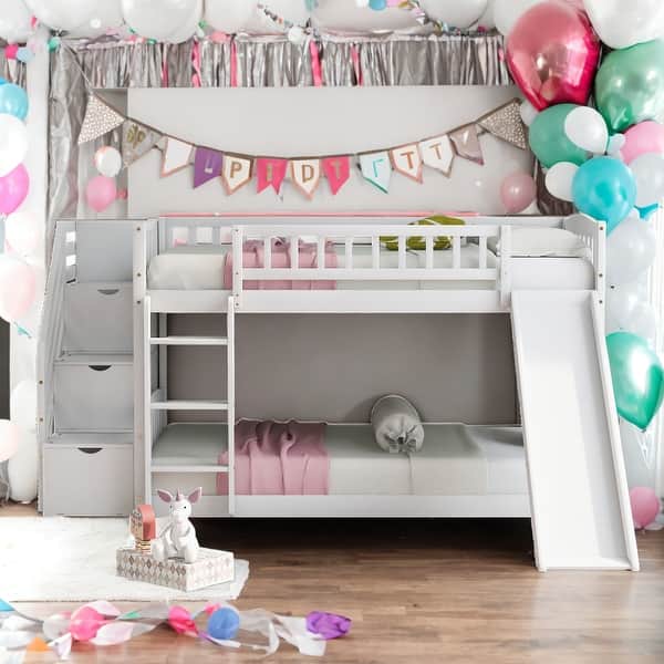 slide 2 of 9, Twin Over Twin Bunk Bed With Drawers With Convertible Ladder And Slide White