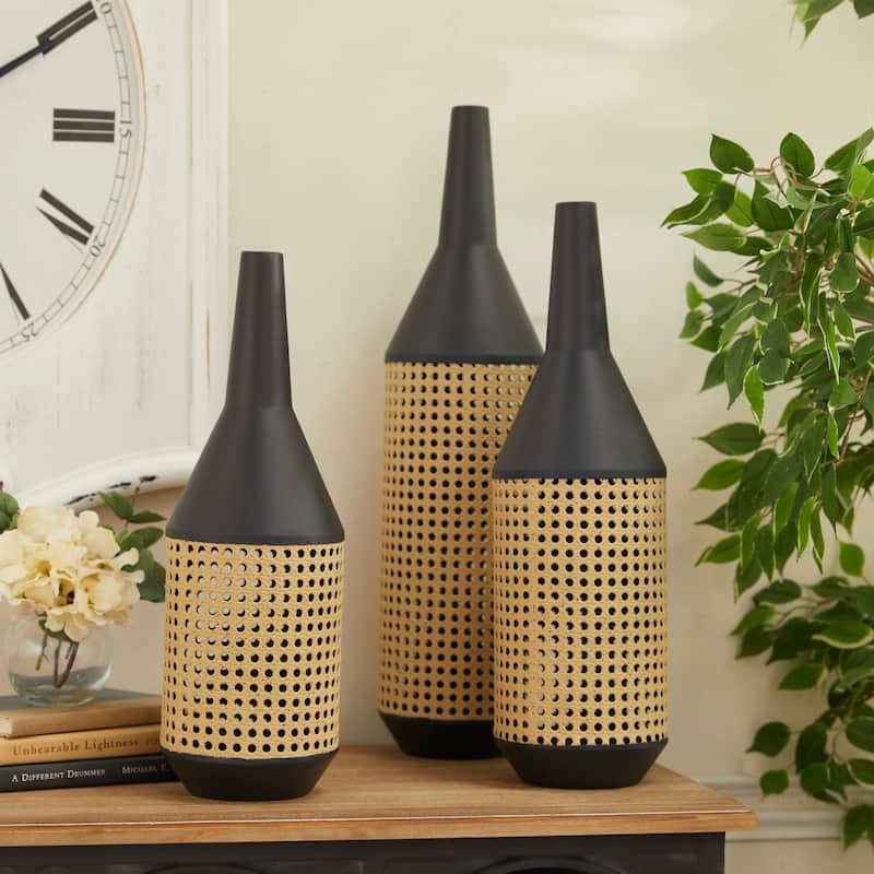 Metal Vase with Cane Detail - Set of 3 Brown - Roche River Decor - 6"W x 6"L x 24"H