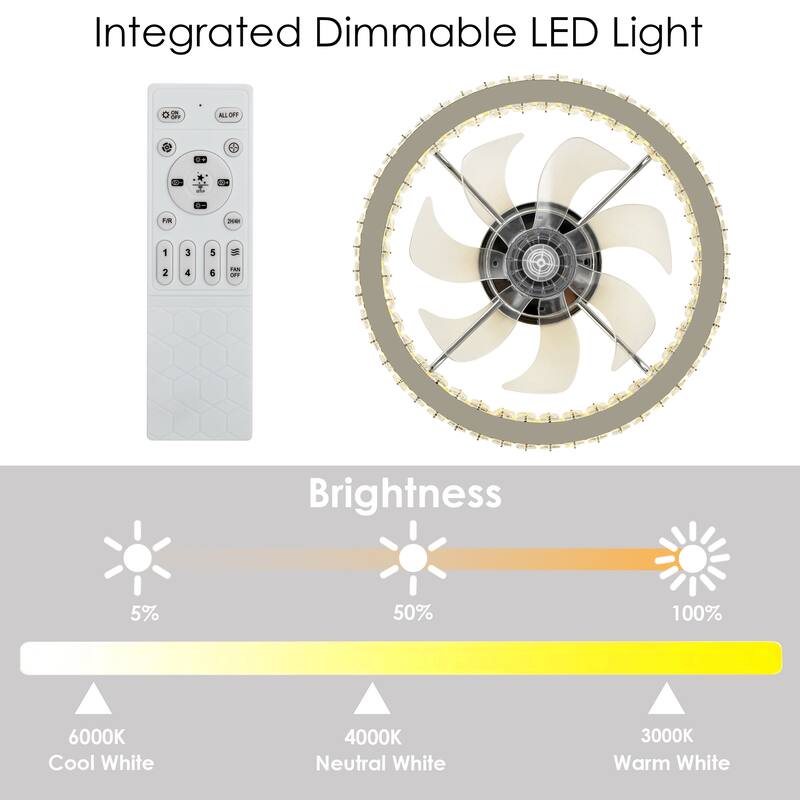 Modern Glam Chrome Round Dimmable Intagrated LED Crystal Ceiling Fan Lighting - 19.6 in. W x 6.2 in. H