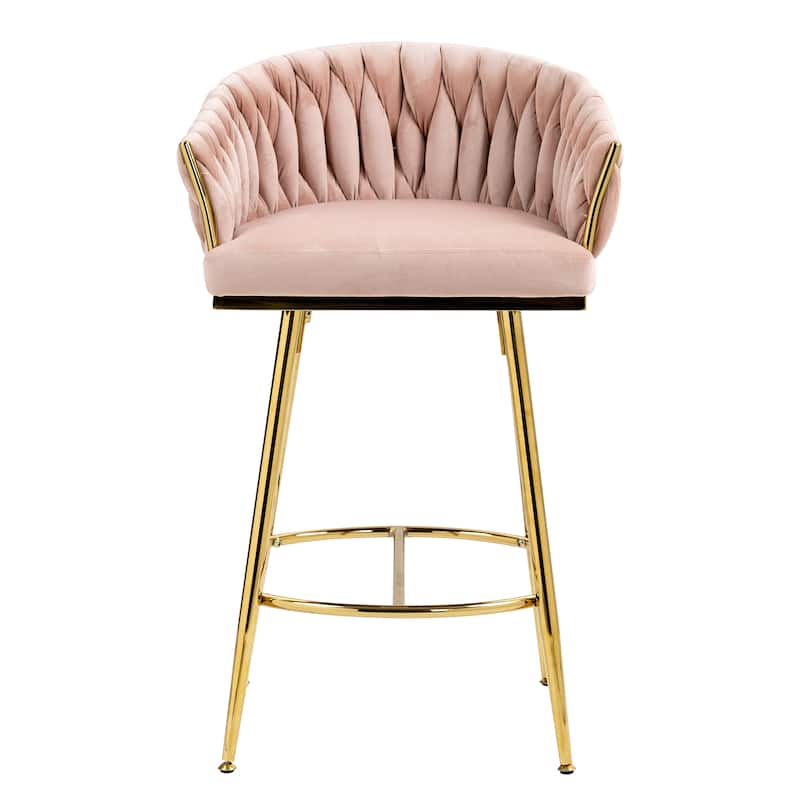 26'' Counter Height Bar Stools Velvet Kitchen Island Counter Bar Stool With Hand- Wave Back - Pink