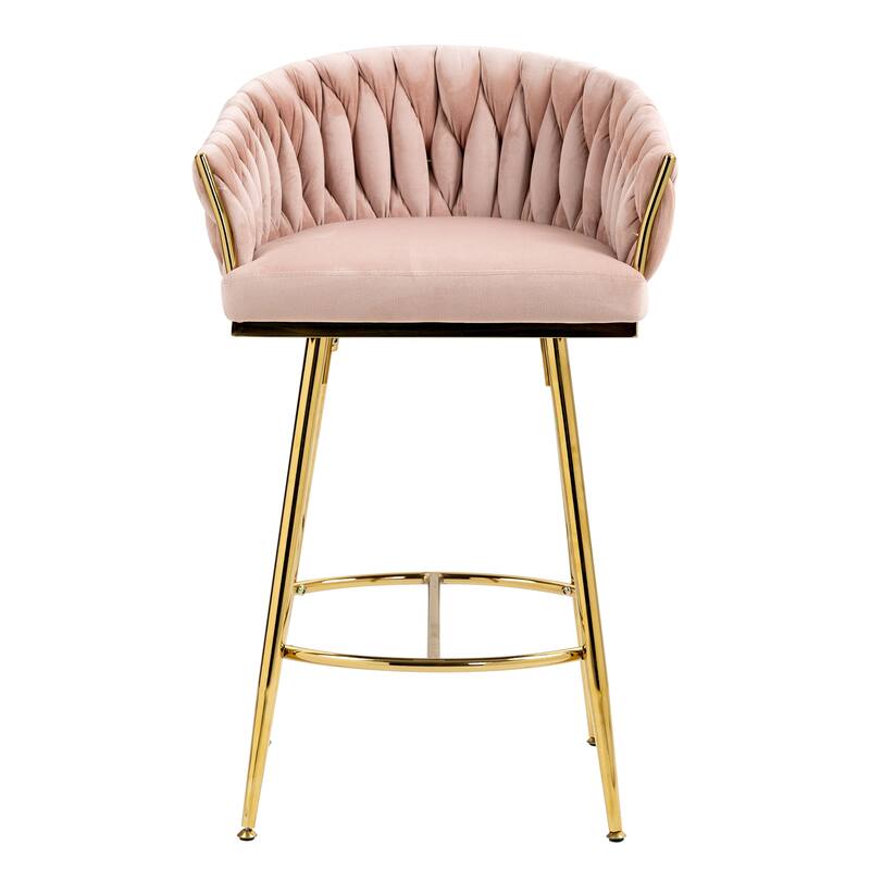 26'' Counter height bar stools velvet kitchen island counter bar stool with hand-wave back, golden chromed base and footrest