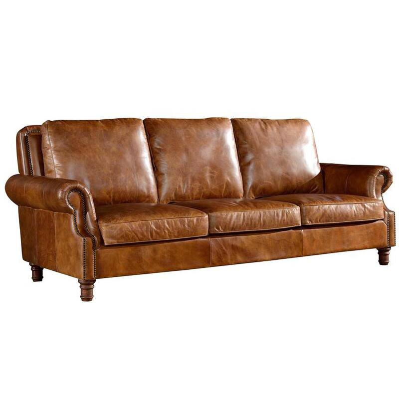 English Rolled Arm Sofa - Leather - Light Brown