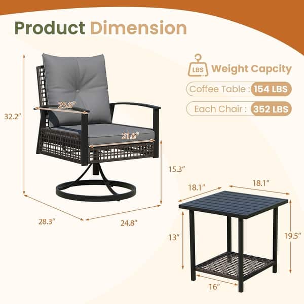 dimension image slide 3 of 6, Outdoor Swivel Rocker Patio Chairs Set of 2 with Coffee Table &Cushions, Rattan Bistro Set for Porch, Backyard, Balcony