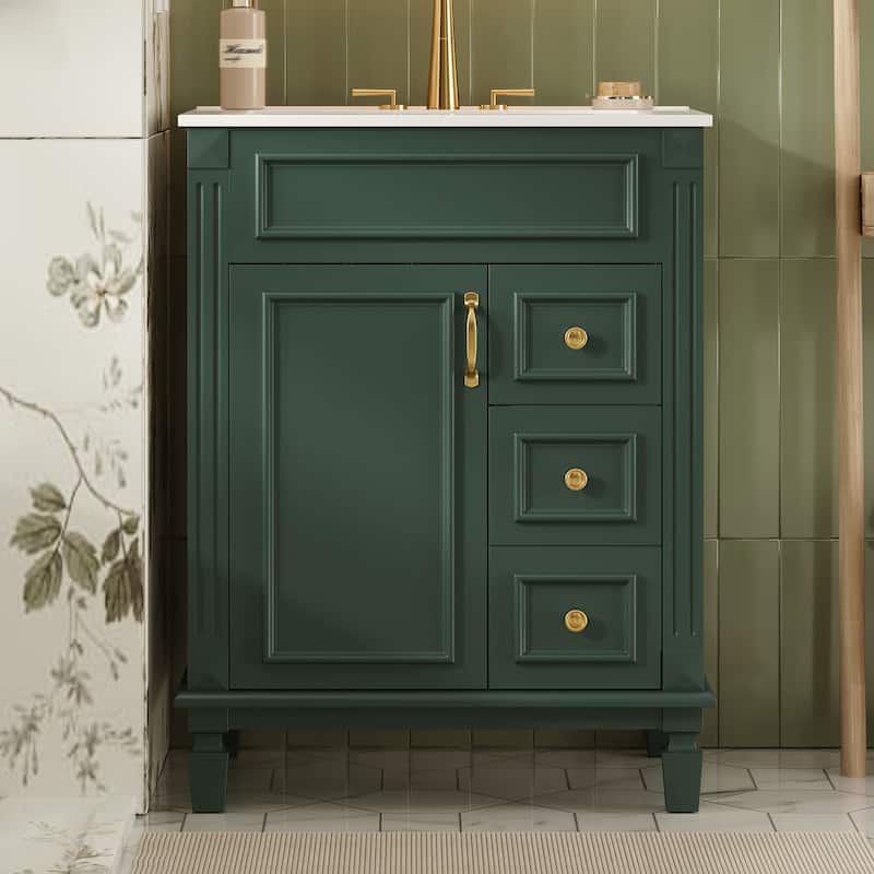 GDFStudio - Ardell Modern Bathroom Vanity with Ceramic Sink, 2 Storage Drawers and Adjustable Shelf - 24'W - Green