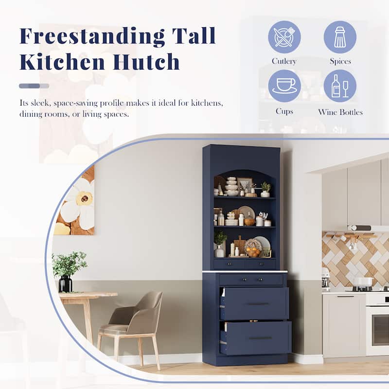 Modern Kitchen Pantry, Freestanding Tall Kitchen Hutch, Cupboard Cabinet with 5 Storage Drawers and Adjustable Shelf, Set of 2