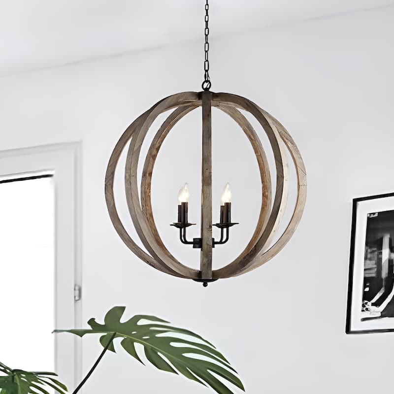 4 - Light Antique Black Natural Wood Orb Chandelier - Light Brown