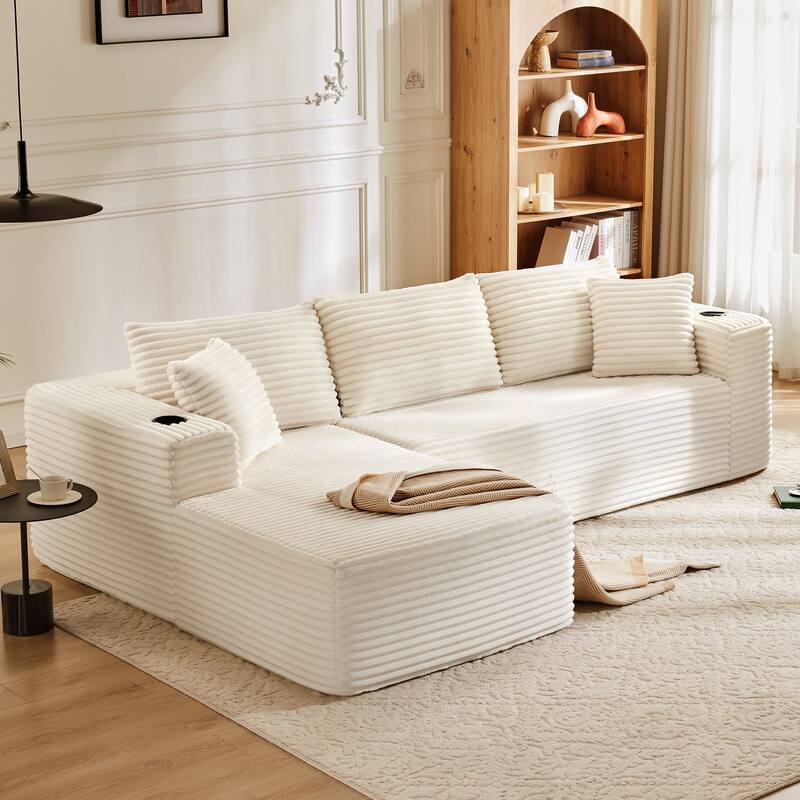 104" Upholstered No-Assembly Modular Sofa Chaise Sofa with Cupholders, Free Combination