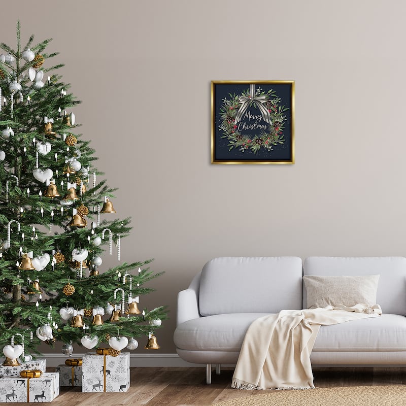 Stupell Hanging Christmas Wreath with Bow Framed Floater Canvas Wall Art Design By Elizabeth Tyndall