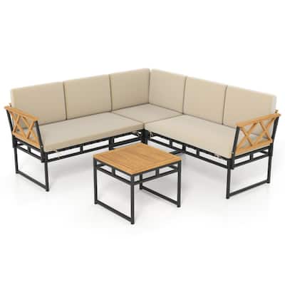 4-Piece L-Shaped Design Outdoor Sectional Sofa Set with Acacia Wood Table and Beige Cushions - 25.5" x 47.5" x 26"