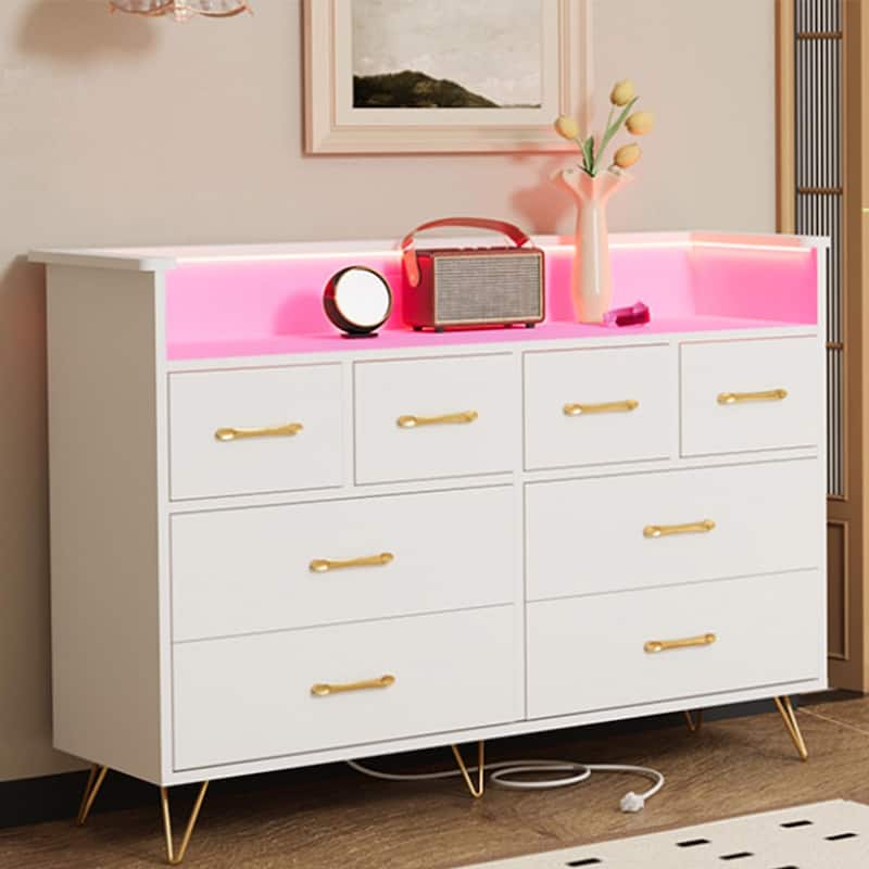 8 Drawer Dresser for Bedroom with LED Light, Charging Station & Open Shelf