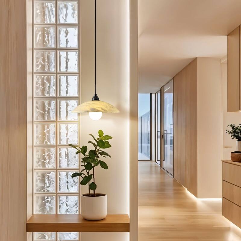 KAYLA Nordic Pendant Light Fixture - Round Alabaster Hanging Lamp with Brushed Brass Finish for Kitchen Island, Dining Room