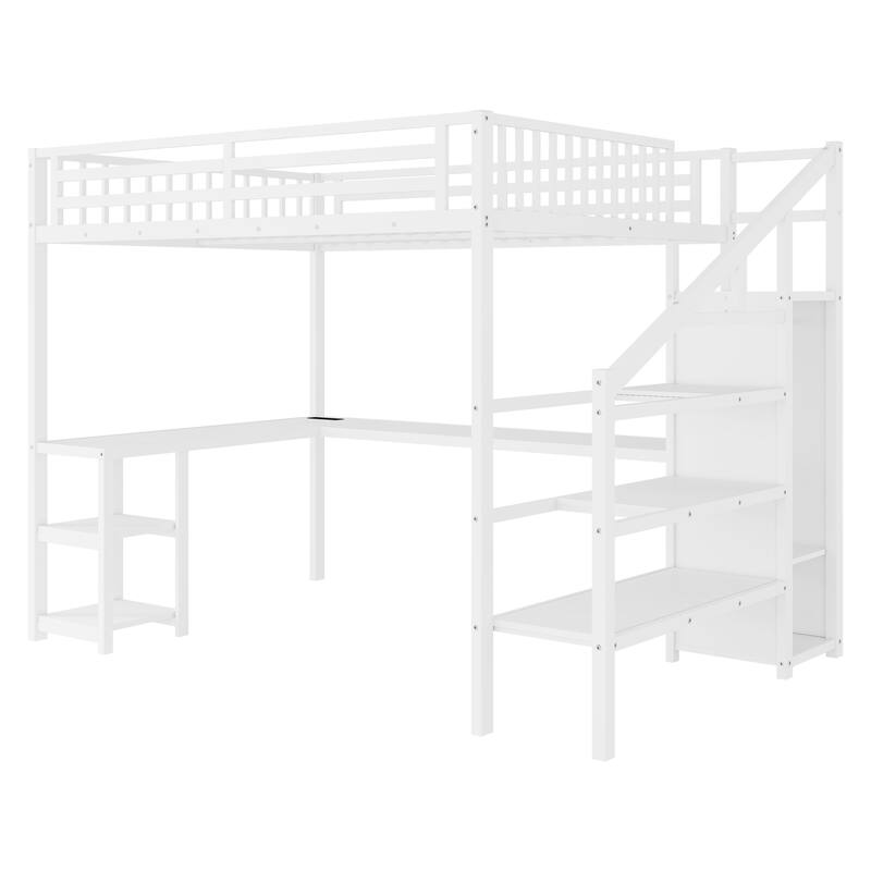 Roomfitters Queen Metal Loft Platform Bed, L-Shaped Desk and LED Wardrobe with Metal Frame for Bedroom or Guest Room, White