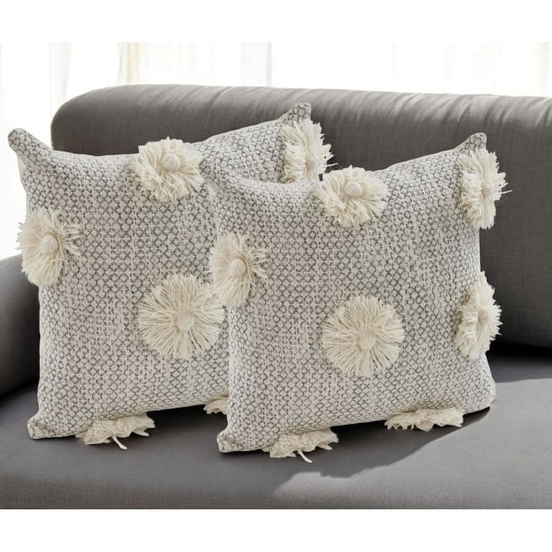 Set of Two Gray and Ivory Floral Cotton Throw Pillow With Fringe - Gray and Ivory