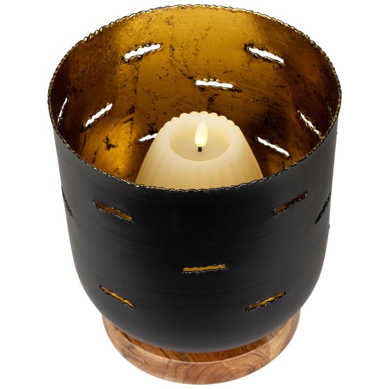 Iron and Foil Pillar Candle Holder with Wooden Base - 8.25" - Antiqued Black and Gold