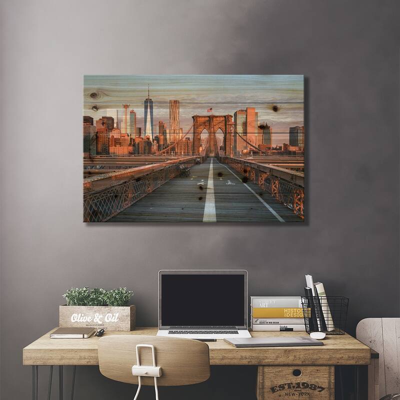 Brooklyn Bridge And Lower Manhattan Skyline At Sunrise, New York City, Usa Print On Wood by Jan Becke - Multi-Color