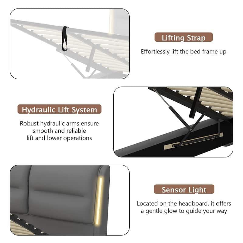 Upholstered Hydraulic Queen Size Platform Bed with Lift Up Storage and Sensor LED Lights