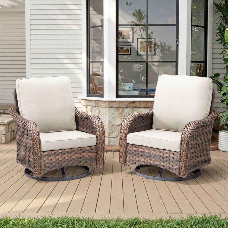Cavira Brown Wicker Outdoor Patio Swivel Glider Chairs with Olefin Cushions (2-Pack)