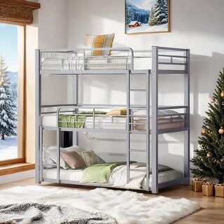 Industrial Modern Metal Twin Size Triple Bunk Bed with Ladder, Sturdy Construction & Safety Guaranteed, Space-saving, Silver