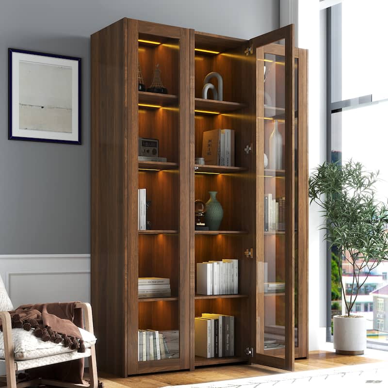 Display Cabinet with Glass Doors, Curio Storage Cabinet with 5 Shelves & Led Lights